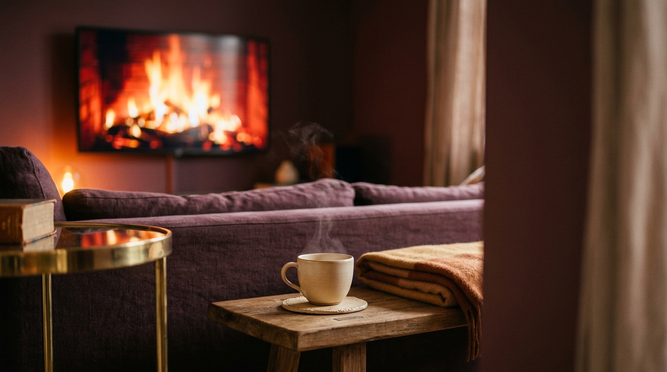 A cosy living room with a warm fire, plum sofa and a steaming cup of tea