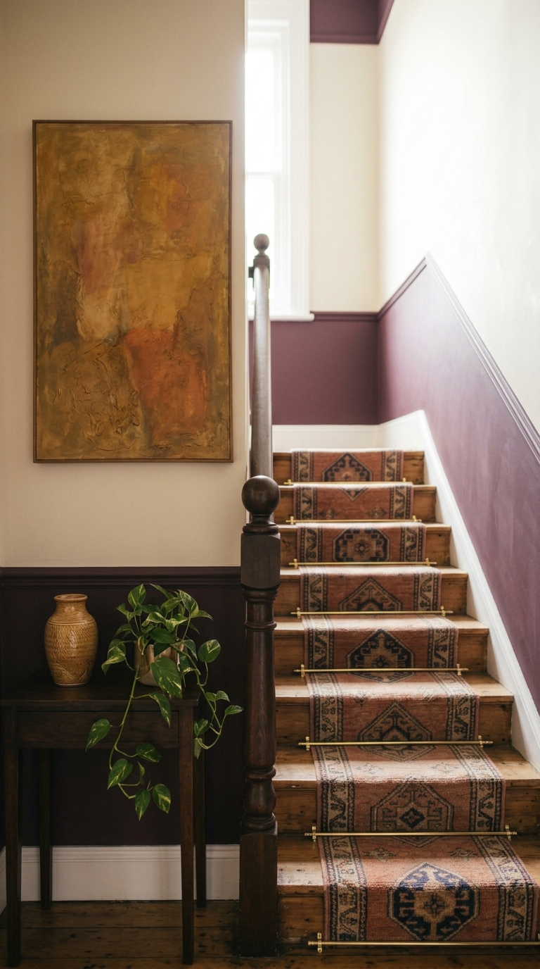 A warm hallway with a patterned stair runner and plum-painted panelling