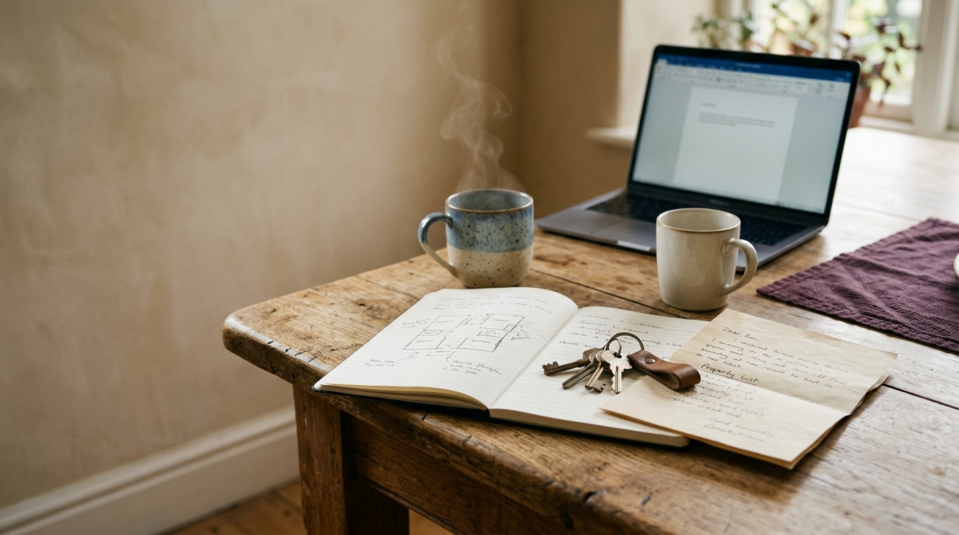 A wooden table with a notebook of floor plans, house keys and two mugs of tea